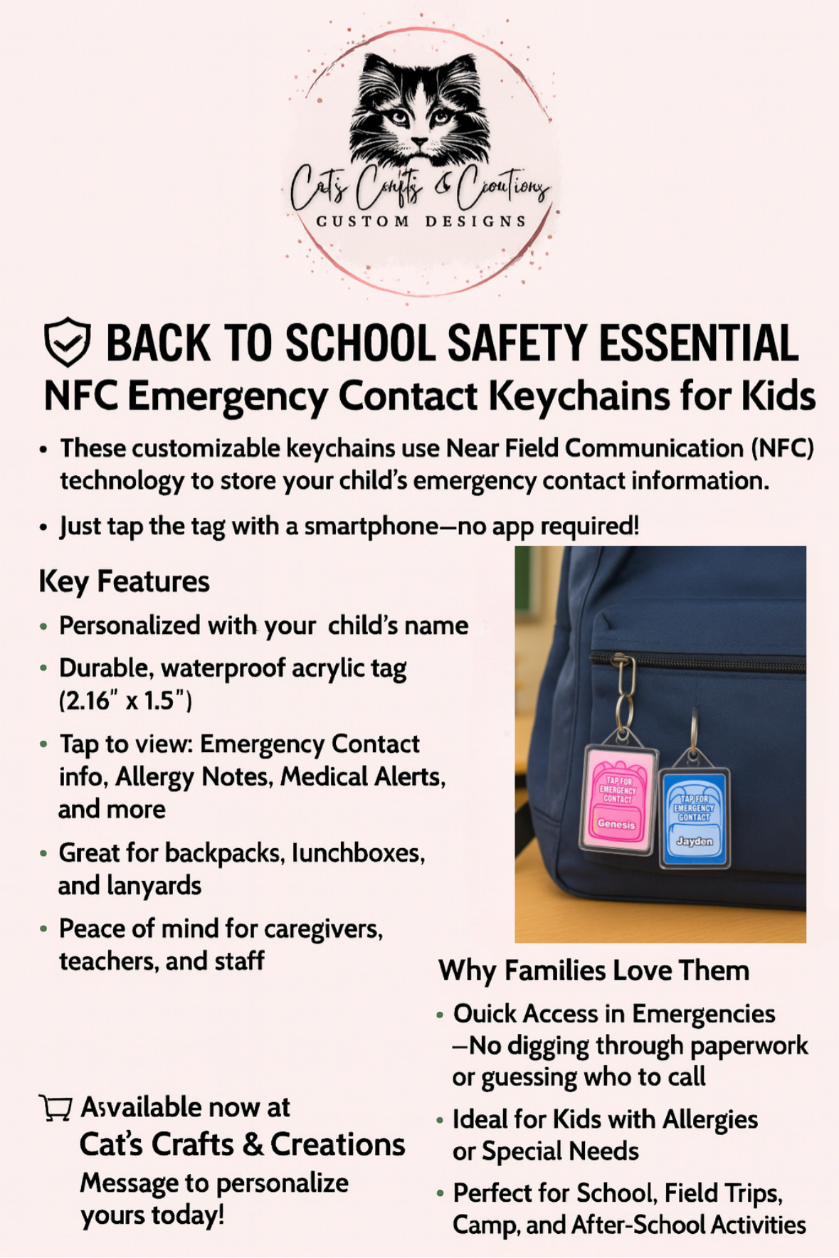 NFC Emergency Contact Keychain for Kids – Custom Name & Medical Info