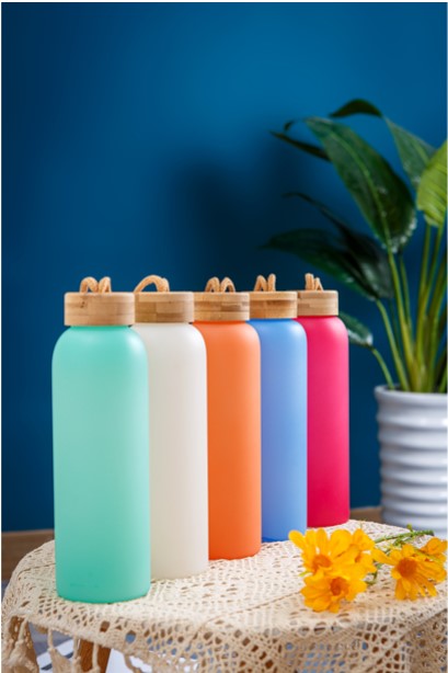 Bamboo Lid 25 Oz Frosted Glass Bottles. Colors from Left to Right: Aqua/Vanilla Dream/Coral/Peri Swim/Pink